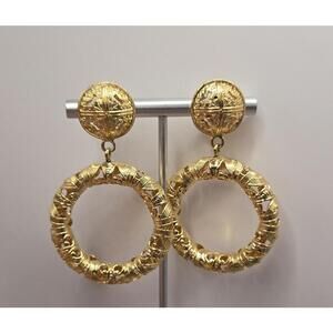 80's MONET Goldtone Etruscan Cutout Hoop Door Knocker Statement Runway Earrings